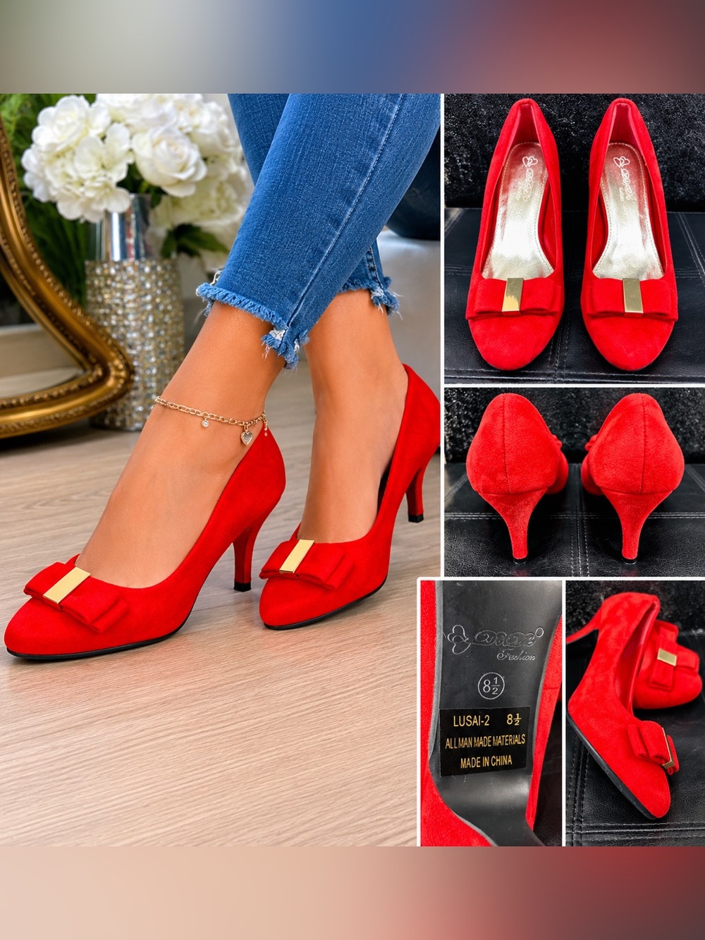 Qupid Red Suede Mid Heel Pumps with Gold Accent